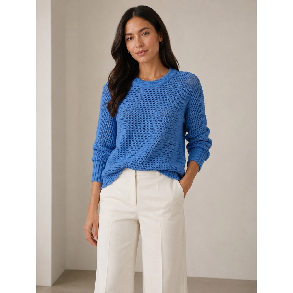 Ann Taylor Weekend Blue Crochet Open Knit Sweater Long Sleeve Crew Neck Large